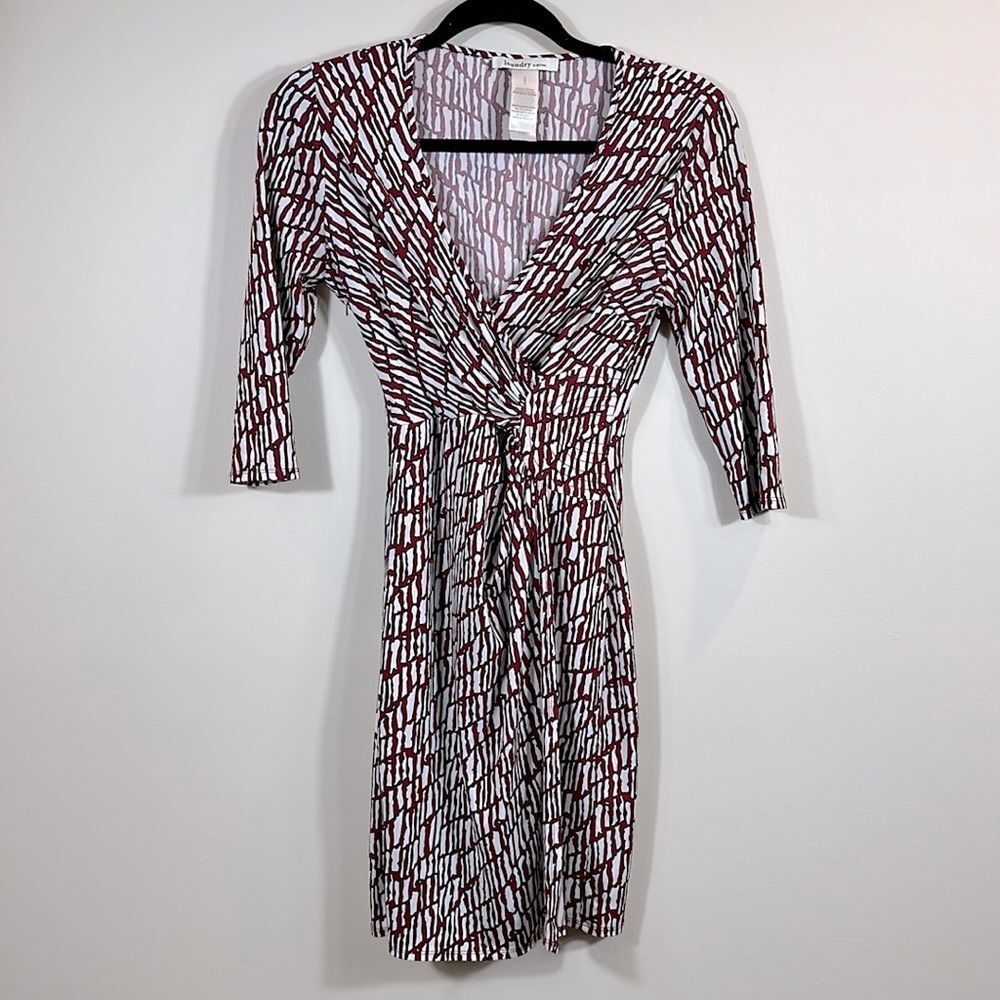 Laundry by Design Red White Print 3/4 Sleeve Faux Wrap Dress Women Size 0